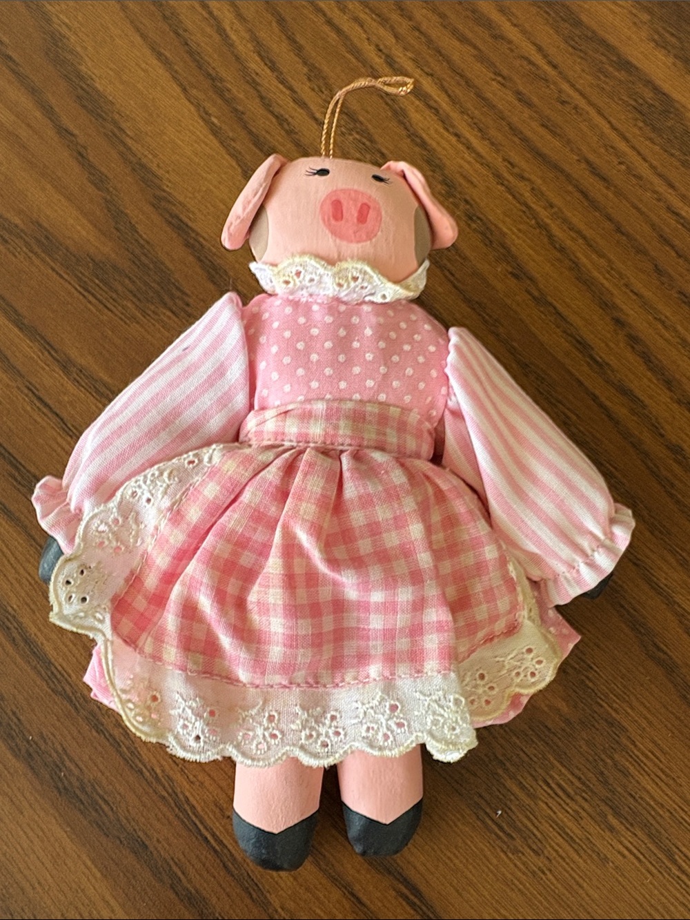 Vintage Country Folk Art Anthropomorphic Pig Doll Ornament - Pink Gingham Dress